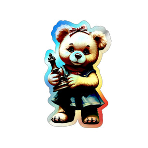Whimsical Holographic Die-cut Stickers - Cute Teddy Bear with Chess Piece